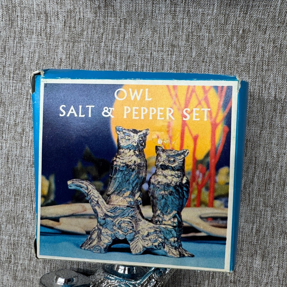 Vintage Silver Owl Salt and Pepper Shaker Set NOS in Box MCM Kitschy Decor